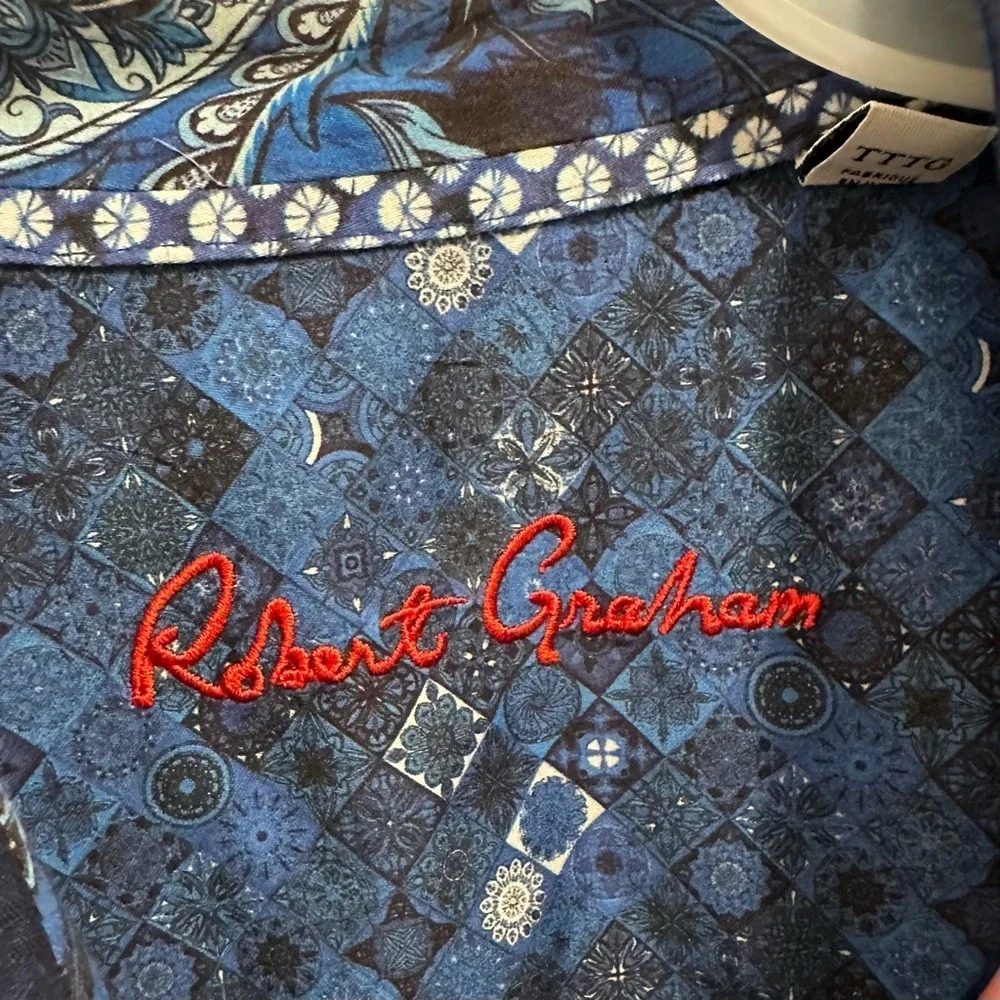 Robert Graham Shirt 3XL Blue Paisley All Over Print Button Up Short Sleeve Mens - Picture 6 of 8